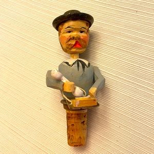 Vintage Italian wooden wine stopper- Man in hat on phone